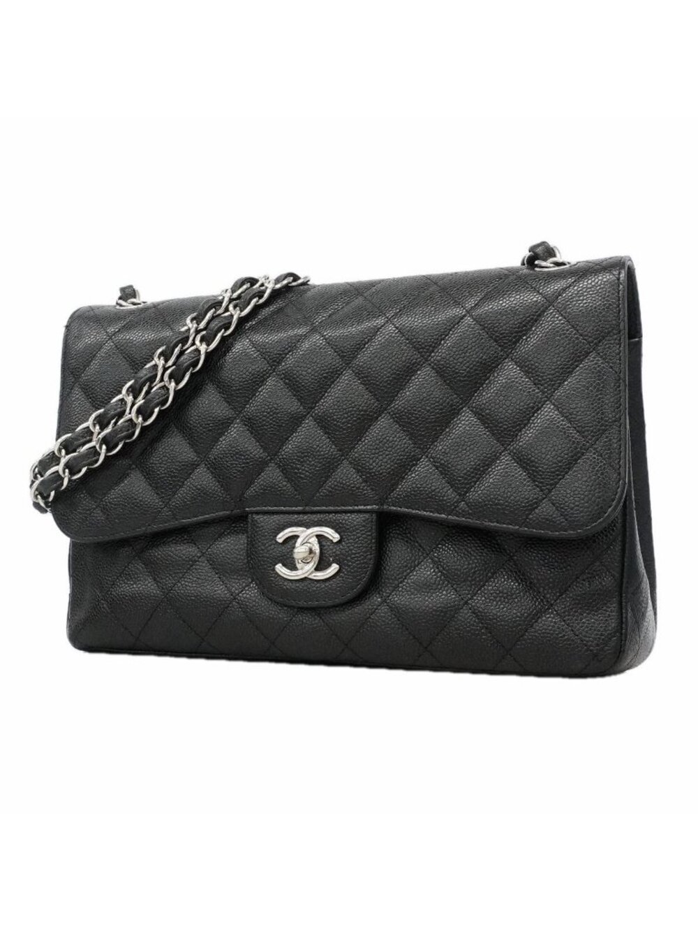 Chanel Shoulder Bag Maxi Quilted Caviar Leather Black Silver